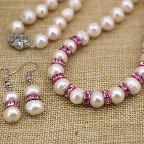 Natural white freshwater cultured 9-10mm nearround pearl beads earrings necklace pink spacers crystal jewelry set 18inch B3107