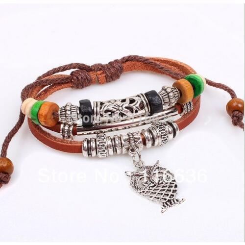 Gnova New Arrival Men Women Owl Charm Bracelets Unisex Lace-up Ethnic Leather Bracelets For Boy Gril