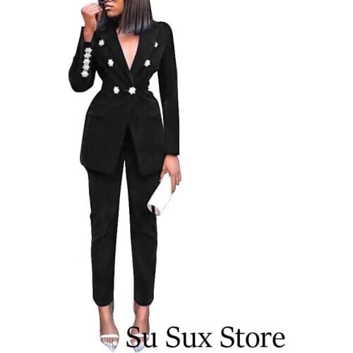 2020 Autumn Winter Two Piece Set African Suits For Women Office Lady Suit Turn-down Collar Blazers Top&Long Pants Set Outfit