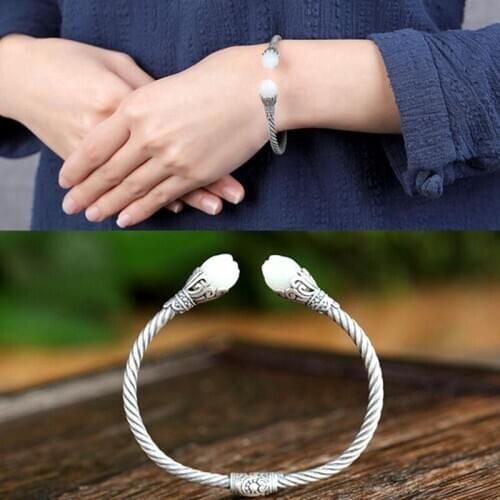 Size Adjustable S925 Silver Bracelet Inlay natural White Jade Lotus Theme Women Lucky Ornaments Bangle*Free Gift Box