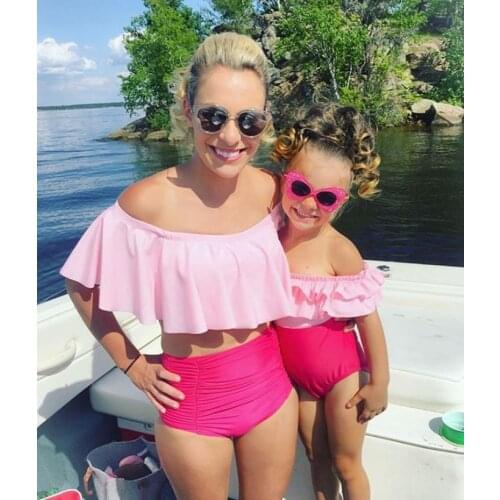 Family Match Swimsuit Mother Daughter Off Shoulder High Waist Bikini Set Swimwear Women Girl Bathing Suit Biquini Monokini