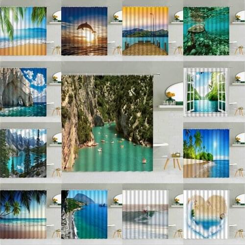 Summer Seaside Resort Landscape Shower Curtains Sea Dolphins Turtles Beach Waves Canyon Green Plant Bathroom Decor Curtain Set