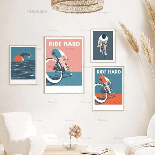 Sports Swimming Cycling Poster Art Prints Ride Hard Gym Stadium Canvas Painting Mid Century Modern Triathlon Wall Pictures Decor