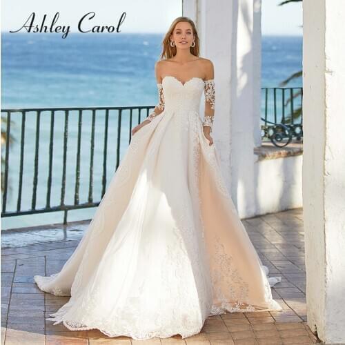 Ashley Carol A-Line Wedding Dress 2021 Beading Sweetheart Princess Bride Off the Shoulder Long Sleeve Lace Appliques Bridal Gown