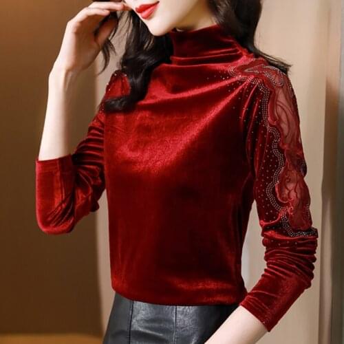 Poleras Mujer Diamonds Slim Bow Hollow Out T Shirt Women Long Sleeve 2021 Fall Turtleneck Korean Fashion Woman Clothes Top Femme