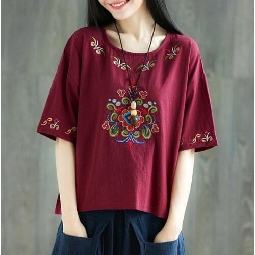 Ethnic Plus size Summer Tops Women Embroidery Loose Short sleeve T shirt Ladies O neck 95% Cotton Tees Vintage Art Clothes