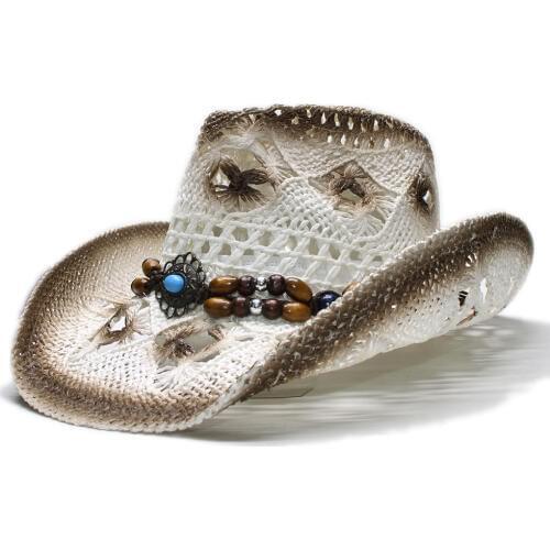 Womens Fashion Mens Retro Turquoise Leather Strap Band Hollow-out Bohemia Cowboy Western Summer Straw Cowgirl Sun Hat 58CM