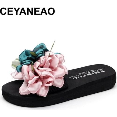 CEYANEAO Women stockings hold slides ladies slipper bohemia sandals summer beach platform shoes colorful flowers thongs
