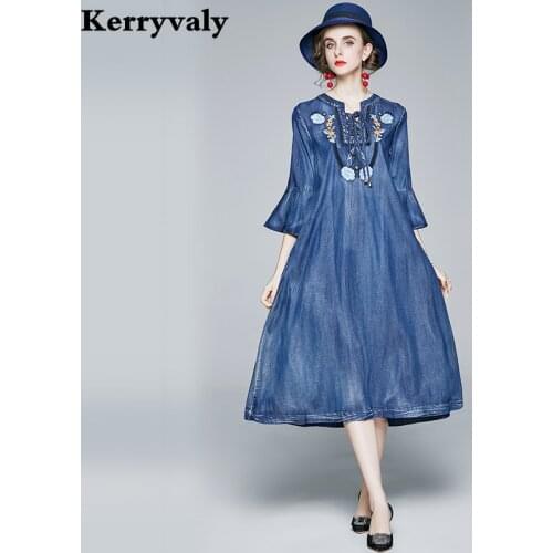Antique Style Loose Plus Sized Embroidery Denim Dress Robe Femme T 2021 Autumn Casual Cable Lock Blue Jean Dress Vestidos K3191