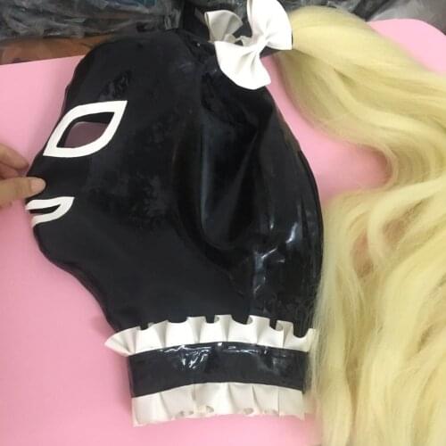 100%Latex Mask Rubber Unisex Hood Fetish Mask with pigtails latex headgear free shipping