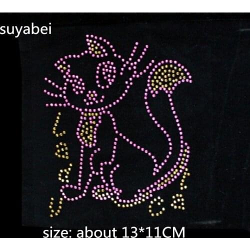 2pc/lot Lovely cat design stones sticker iron on transfer patches hot fix rhinestone motif designs hot fix rhinestone applique