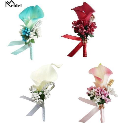 Meldel Corsage Boutonniere Pin Wedding Corsage Boutonniere for Groom Bridesmaid Flower Calla Lily Buttonhole Men Wedding Witness