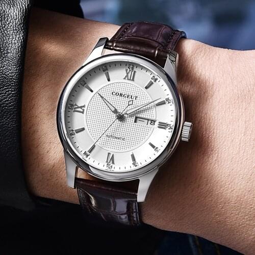 Corgeut 40mm Mens Sapphire Miyota Automatic date week Leather Steel Case Gold Watches mechanical white dial Watch часы мужские