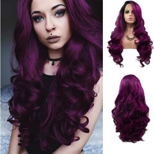 Purple Lace Front Wigs for Women Body Wave Long Synthetic Realistic Hair Wig with Black Roots Glueless Hair Replacement Wigs 24