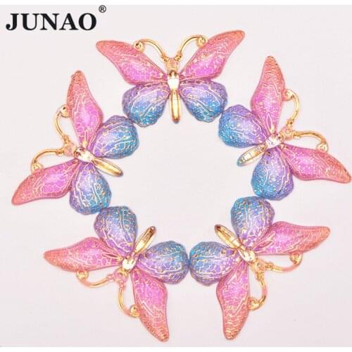 JUNAO 10pcs 25*38mm Pink Resin Butterfly Flat Back Rhinestones Ornaments Sew on Crystal Button for Wedding Appliques Craft