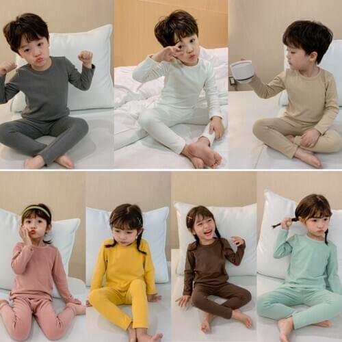 2 3 4 5 6 Y Toddler Kids Homewear Sets Cotton Solid Warm Children Underwear Set for Boys Girls Autumn Winter Baby Pajamas Set