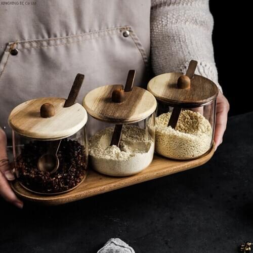 Japanese Style Glass Seasoning Jar Storage Bottle Seasoning Box Natural Wood Tray Household Salt Jar Kitchen Glass Container