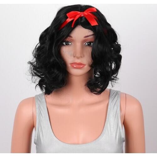 Short Curly Black Fluffy Wig Cosplay Cartoon Classic Figure Costume Accessories Red Head Hoop with Bowknot for Halloween Party