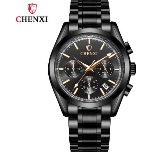 Top Brand CHENXI Chronograph Mens Watches Luxury Black Stainless Steel Waterproof Quartz Casual Wrist Watch Relogio Masculino