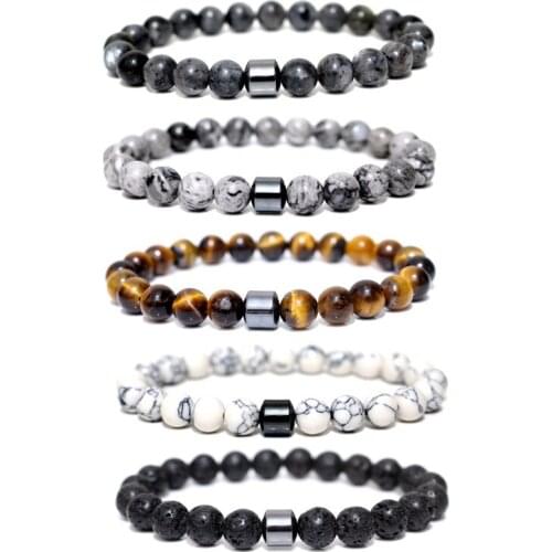 Mens Classic Tiger Eye Stone White Turquoise Bracelet Black Iron Magnet Bracelet Volcanic Stone Energy Bracelet