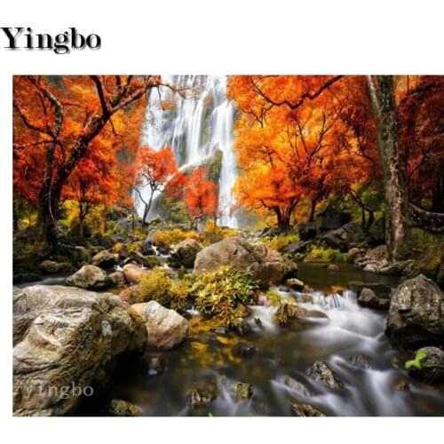 Autumn Waterfall Forest Tree Landscape Full Square Round Drill 5D DIY Diamond Painting Embroidery Cross Stitch Kit Mosaic Decor