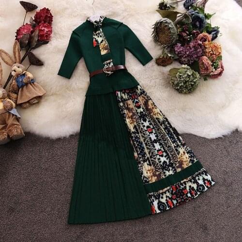 New 2019 High Quality Autumn Winter Women Knitted Print Chiffon Patchwork Pleated Dress Elegant Party Dresses Clothing