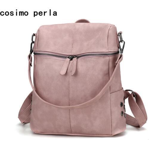 New 2021 Pink Leather Women Backpack Bag Multifunctional Square Rucksack Purses Rivet Fashion Retro Casual Tote Bagpacks Female