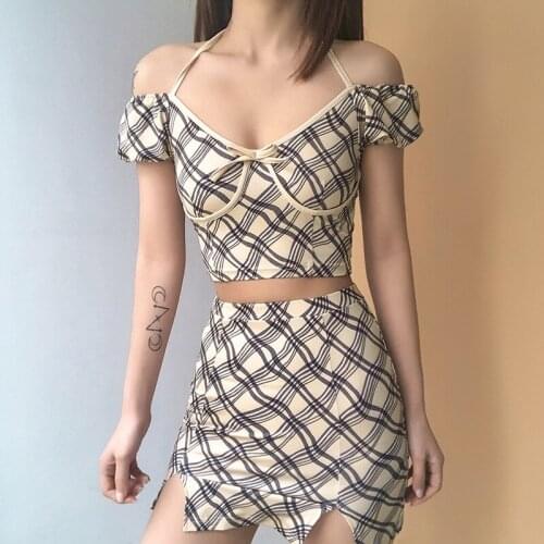 2021 Summer New Fashion Womens Plaid Sexy Slim Halter Two-Piece Dress