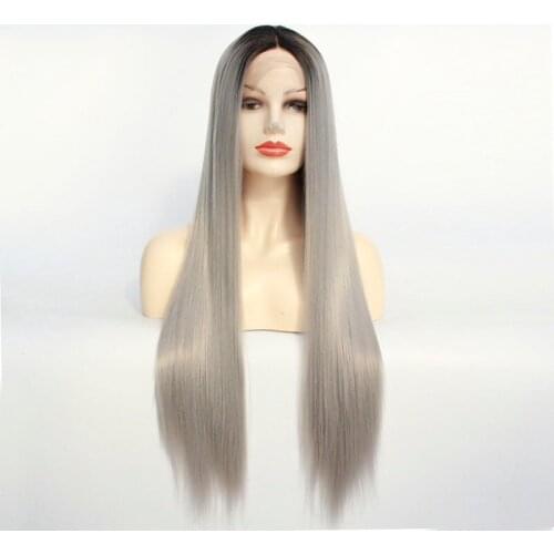 Ombre Grey Synthetic Lace Front Wig Natural Long Straight Silver High Temperature Fiber Wigs for Black Women Cosplay Party Wig