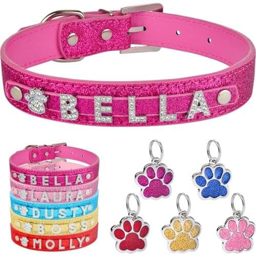 Personalized Leather Bling Charm Custom Dog Collar DIY Pet name Dog Collar Cat Collar Sliod Leather Personalized Engraved ID Tag