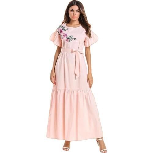 Arab Jilbab Muslim Women Summer Long Dress Embroidery Abaya Loose Sweet Maxi Robe Gown O-neck With Belt Casual Islamic Ramadan