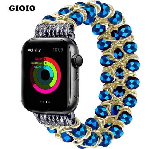 Blue Crystal Strap for Apple Watch Bracelet 38mm 40mm 42mm 44mm Beads Iwatch SE 6 5 4 3 Band with Metal Chain Women Girl Elastic