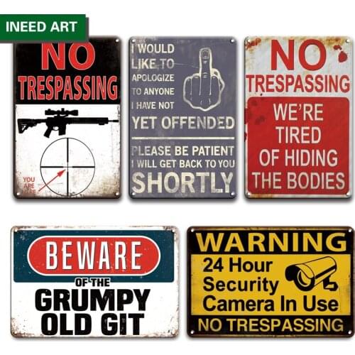 Retro No Trespassing Warning Metal Tin Sign Wall Poster Vintage Public Caution Wall Stickers Home Decor Wall Plate