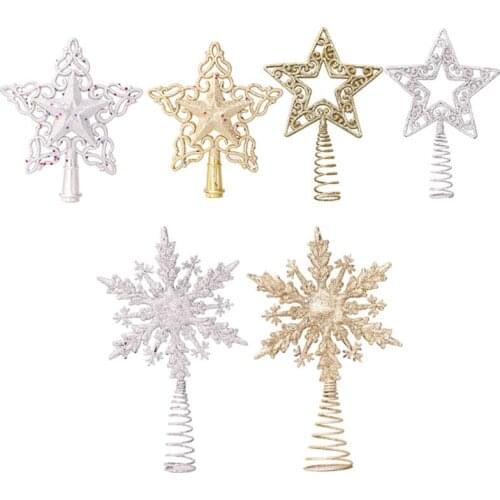 Christmas Tree Topper 5 Pointed Star Glittered Powder Hollow Out 3D Snowflake Hanging Treetop Holiday Party Home Decor