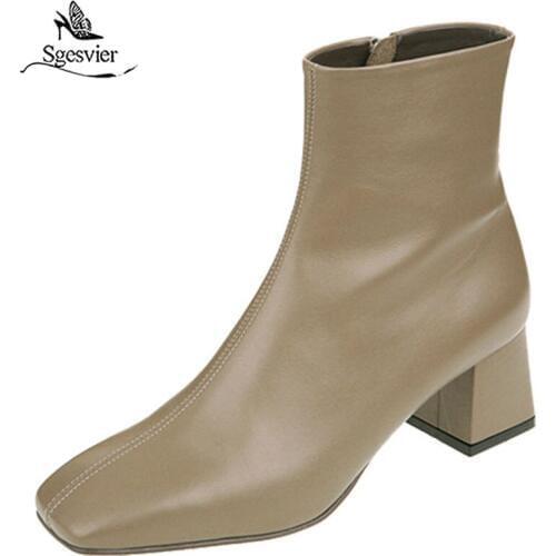 Sgesvier 2020 New Autumn Winter Genuine Leather Retro Square Toe Zipper Ankle Boots Square Heel All Match Women Shoes Size 34-40