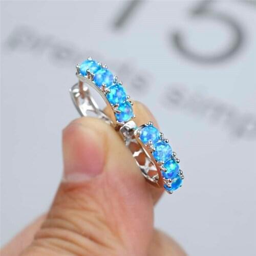 Boho Female Blue White Opal Stone Earrings Charm Silver Color Small Hoop Earrings For Women Trendy Bridal Round Wedding Earrings