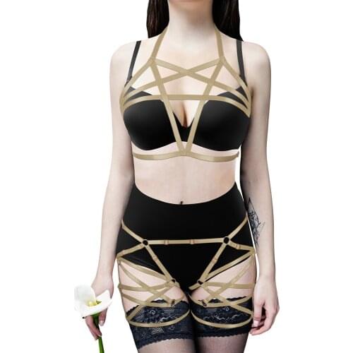 Halloween Festival Dance Rave Wear Full Body Harness Lingerie Set For Women Pentagram Bra Belt Punk Goth Garter Elastic Strap