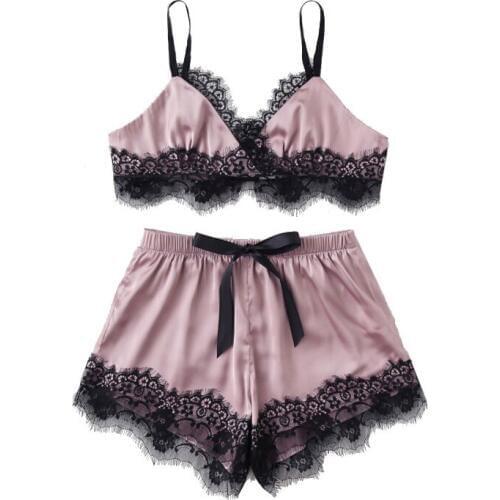 Womens Pajamas Set 2019 Sexy Sleepwear Satin Spaghetti Strap Female Pyjamas Summer Home Suits Eyelash Lace Top and Short Pijama