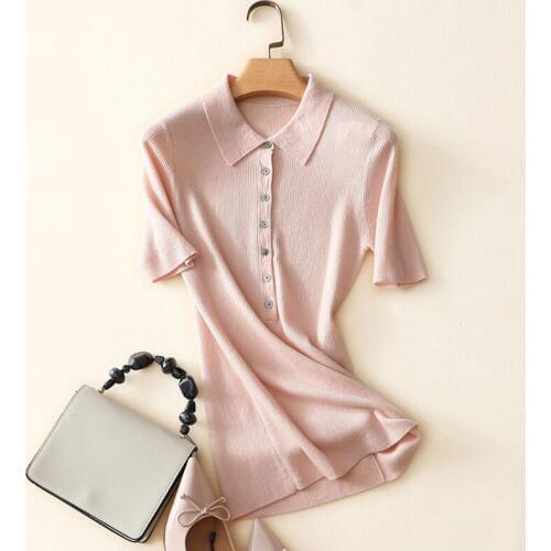 Spring summer ribbed knit buttons womens turn-down collar short sleeve quality 100% cashmere sweaters pullover