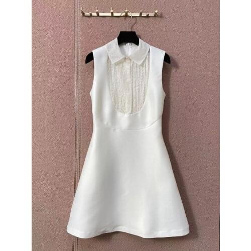 Fashion Runway Mini Dress Women Mesh Lace Embroidery Sleeveless Sexy Vintage White / Black Dress