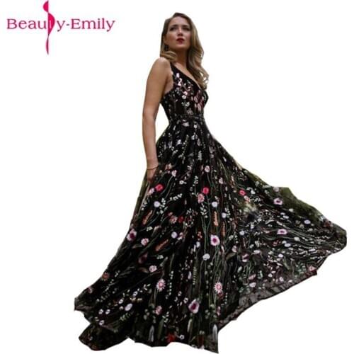 Beauty Emily Sexy V Neck A Line Black Evening Dress 2020 Elegant Sleeveless Appliqued V Back Formal Party Dress Real Photo