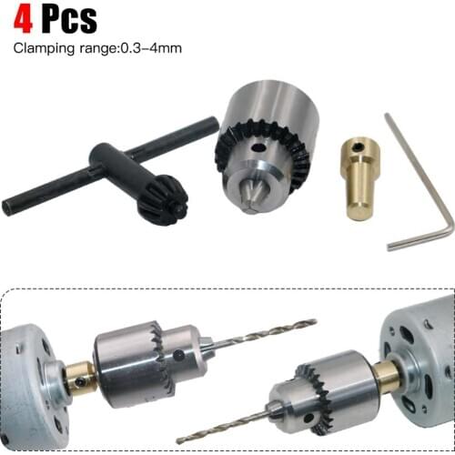 4PCS Micro Motor Drill Chuck Clamp 0.3-4mm Taper Mounted Drill Chuck With Chuck Key 3.17mm Brass Mini Electric Motor Shaft
