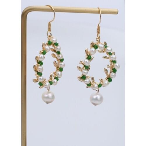 Free shipping 2020 Trendy green crystal handcraft high quality women jewelry small natural real pearl beads earring