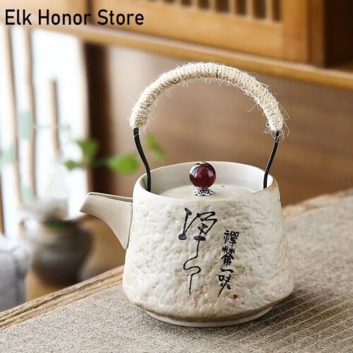 250ml Japanese Style Coarse Glaze Loop-handled Teapot Retro Hemp Rope Teakettle Handmade Kung Fu Tea Master Pot Household Teaset