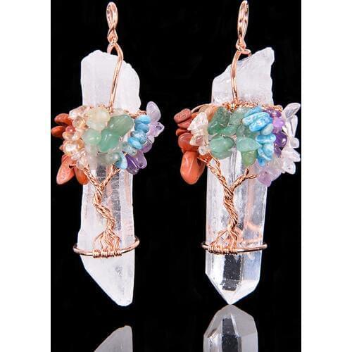 Natural White Crystal Big Pendant Reiki Chakra Tree of Life Rose Gold Color Handmade Wire Wrapped Pendant for Necklace D001