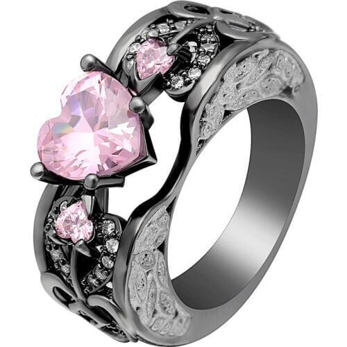 Hainon Wedding Rings Pink Crystal Heart Rings For Women New Cubic Zirconia Ring Black Gold Color Engagement Party Rings Jewelry