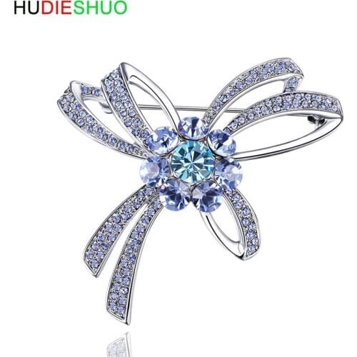 HUDIESHUO Blue Austria Crystal Brooch OL Style Office Lady Bow-knot Brooches Elegant Evening Party Luxury Jewelry for Women