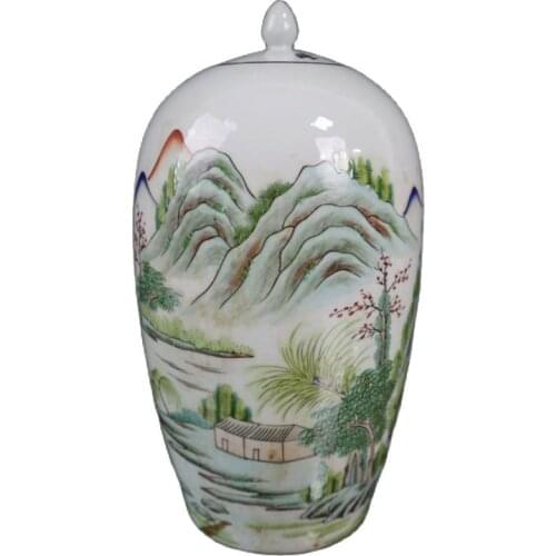 Chinese Old Porcelain Shallow Crimson Color Landscape Pattern Winter Melon Jar Storage lid jar