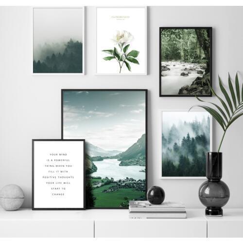 Red Deer Fog Forest Mountain River Flower Wall Art Canvas Painting Nordic Posters And Prints Wall Pictures For Living Room Decor