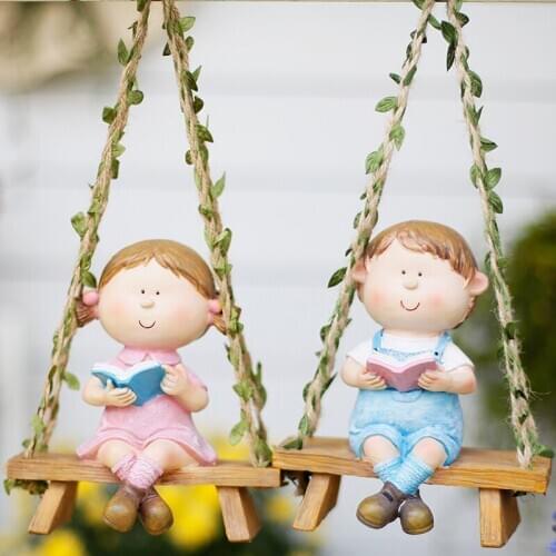 Creative Resin Lying Reading Boy Girl Hanging Sculpture Ornaments Outdoor Courtyard Micro Landscape Crafts Garden Statue Pendant